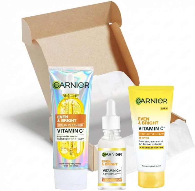 Garnier Even & Bright Vitamin C Skincare Bundle, Serum Cleanser, Booster and Protective Day Cream SPF30, 3 Piece Set