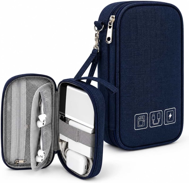Lith Cable Pouch Travel Electronics Organiser - Water-Repellent Nylon Case for Cables, Chargers, Earphones & Power Bank - Compact 18 x 11 x 3cm - Navy