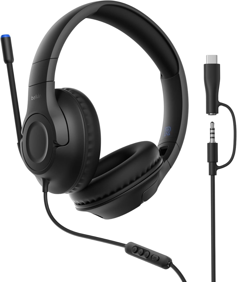 Belkin Gaming Inspire Kids Wired Headphones with USB-C Dongle, Adjustable Boom Microphone, 85dB Safe Volume Limit for Nintendo Switch 2, iPhone 16, Samsung Galaxy S25, Tablet, Ideal for Travel - Black