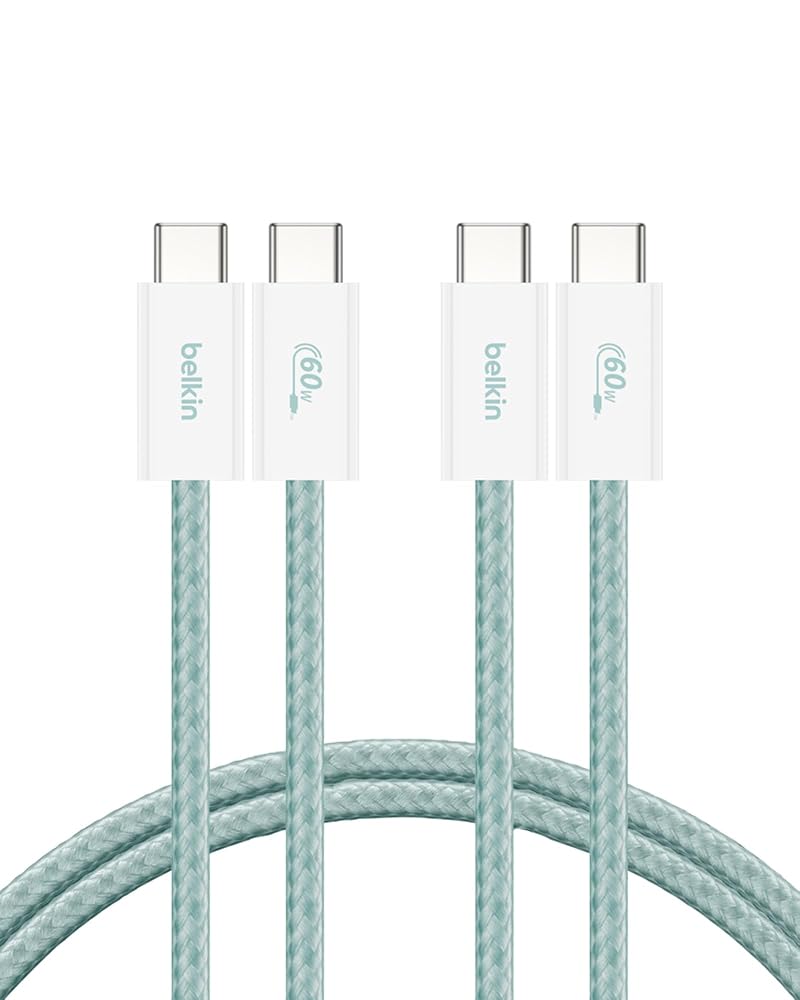 Belkin 2-Pack Braided USB-C to USB-C Cable 5ft, 60W - Soft, Flexible Fast-Charging Cable, Type C Charger Cord for iPhone 16 & 15 Series, Galaxy S25, Pixel 9, iPad Pro, & More - Green