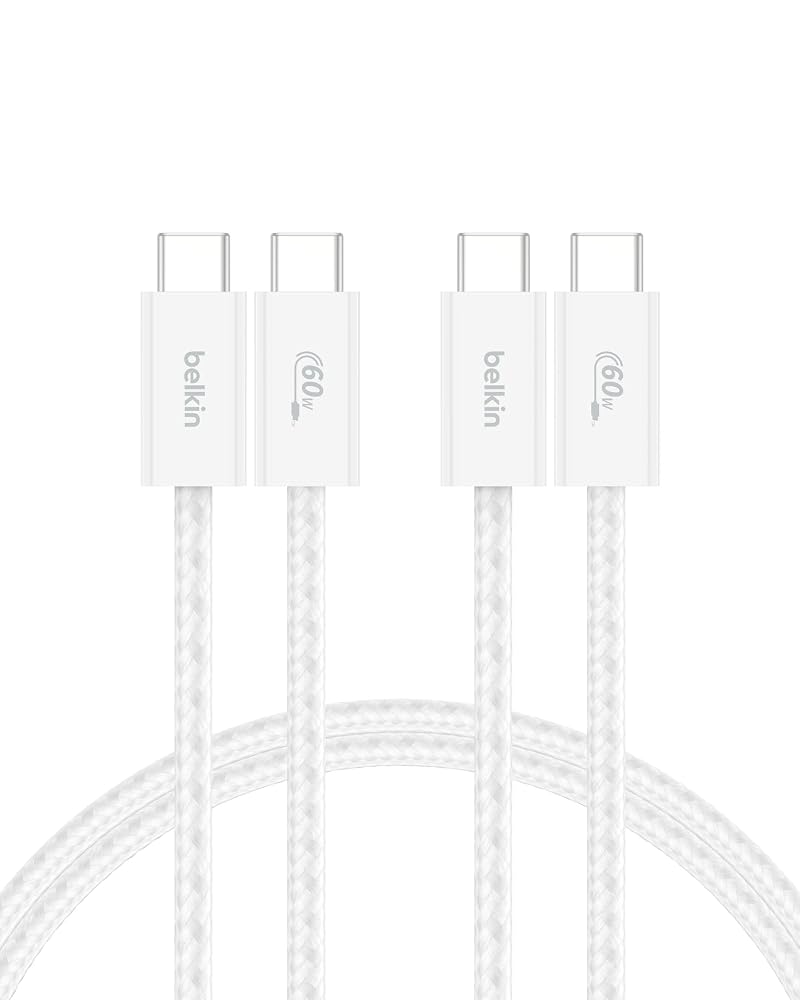 Belkin 2-Pack Braided USB-C to USB-C Cable 5ft, 60W - Soft, Flexible Fast-Charging Cable, Type C Charger Cord for iPhone 16 & 15 Series, Galaxy S25, Pixel 9, iPad Pro, & More - White