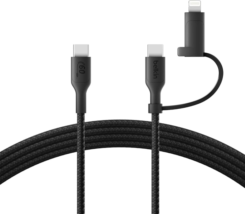 Belkin 2-in-1 Charging Cable with USB-C & Lightning Connector - Braided Fast-Charging Cable, USB-C to USB-C & Lightning Charger Cord, Multi-Charging Combo for Apple iPhone, iPad, Samsung, More - Black