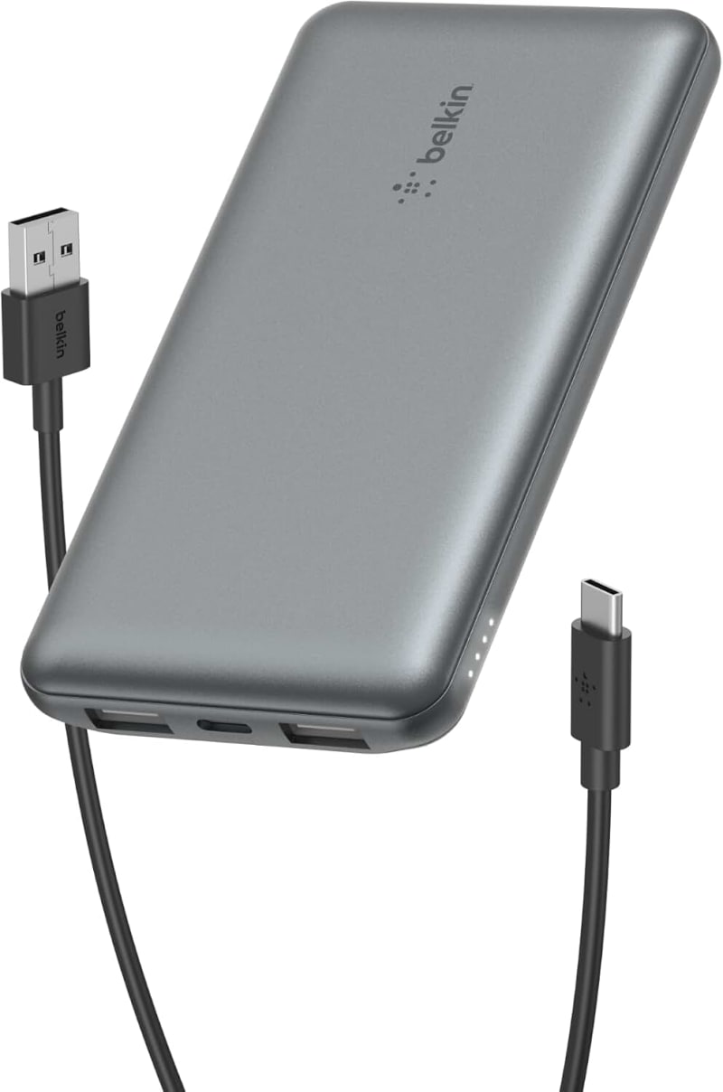 Belkin 10000mAh portable power bank, 10K USB-C portable charger with 1 USB-C port and 2 USB-A ports, battery pack for up to 15W charging for iPhone, Samsung Galaxy, AirPods, iPad - Space Gray
