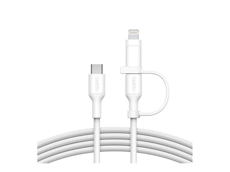 Belkin 2-in-1 Charging Cable with USB-C & Lightning Connector - Braided Fast-Charging Cable, USB-C to USB-C & Lightning Charger Cord, Multi-Charging Combo for Apple iPhone, iPad, Samsung, More - White