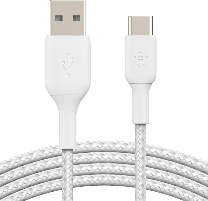 Belkin BoostCharge Braided USB C charger cable, USB-C to USB-A cable, USB type C charging cable for iPhone 16, 15, Samsung Galaxy S24, S23, Pixel, iPad, MacBook, Nintendo Switch and more - 1m, White