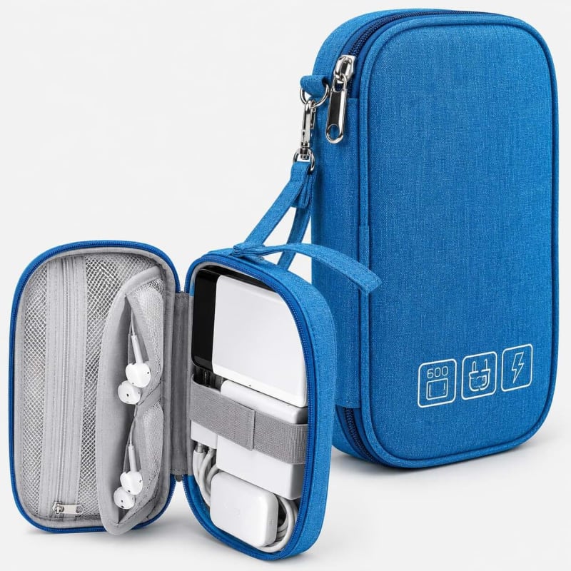 Lith Cable Pouch Travel Electronics Organiser - Water-Repellent Nylon Case for Cables, Chargers, Earphones & Power Bank - Compact 18 x 11 x 3cm - Light Blue
