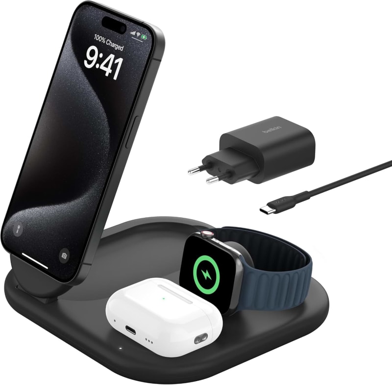 MagSafe Charger, BoostCharge 3-in-1 Magnetic Foldable Charger with Qi2 15W - MagSafe-Compatible Fast Charger for Apple iPhone 16, Apple Watch, AirPods with Non-Slip Base, PSU Included - Black