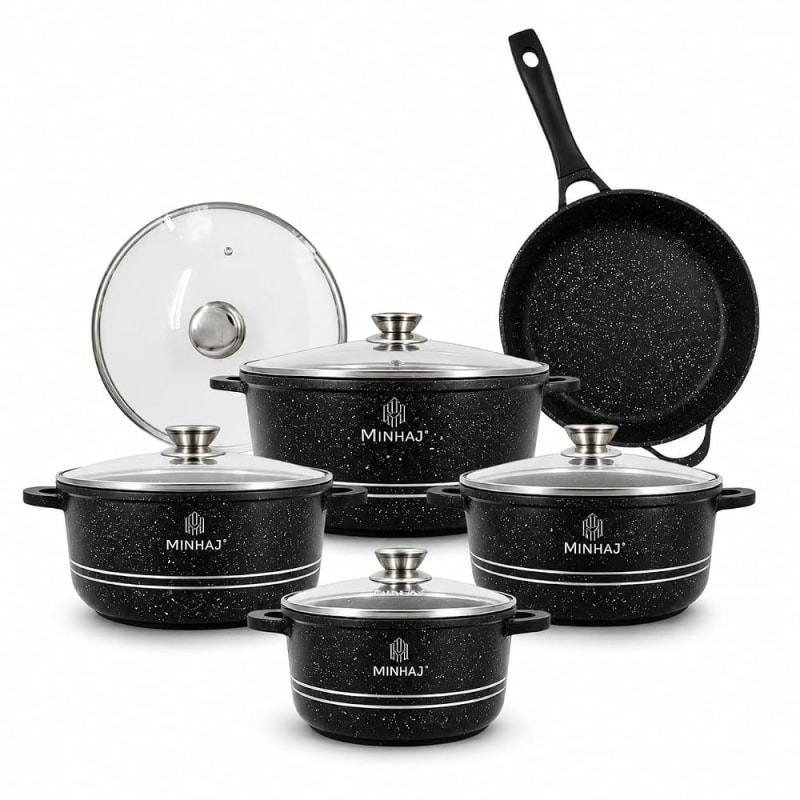Minhaj Homeware 12-Piece Non-Stick Aluminium Cookware Set, Black, with Tempered Glass Lids and Oven Mitts