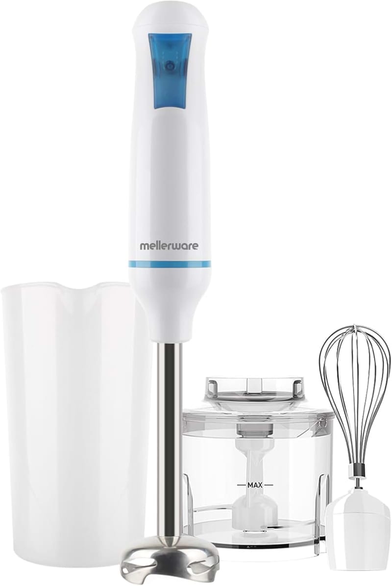 MELLERWARE 85550 Stick Blender With Attachments Stainless Steel, 500W, Single Speed, White