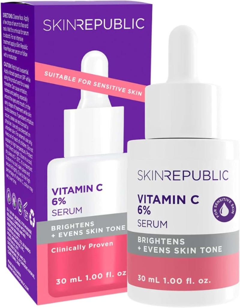 Skin Republic Vitamin C 6% Serum. 91% saw an improvement in skin radiance. Made in Europe. 30ml bottle.