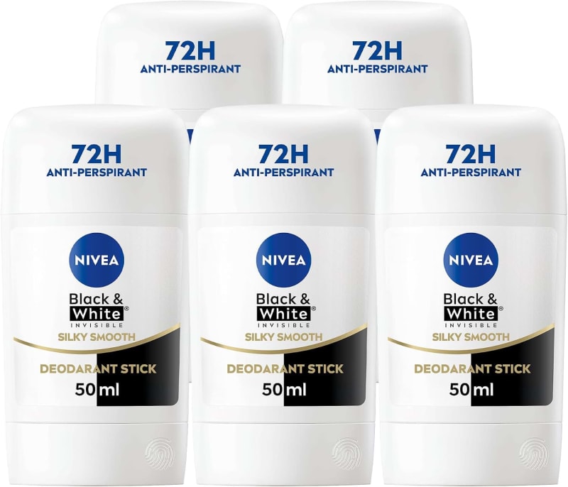 Nivea Black and White Invisible Silky Smooth 72h Anti-perspirant Deodorant Stick 50 ml (Pack of 5) (Packaging may vary)