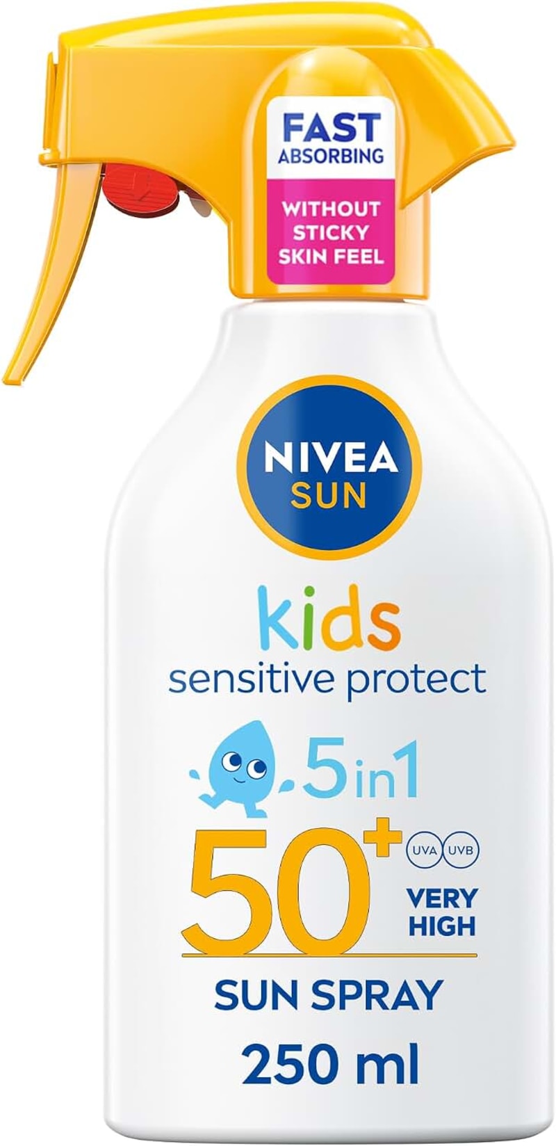 NIVEA Sun Kids Sensitive Protect SPF50+ Trigger Spray, 250ml, UVA/UVB Sunscreen, Extra Water Resistant