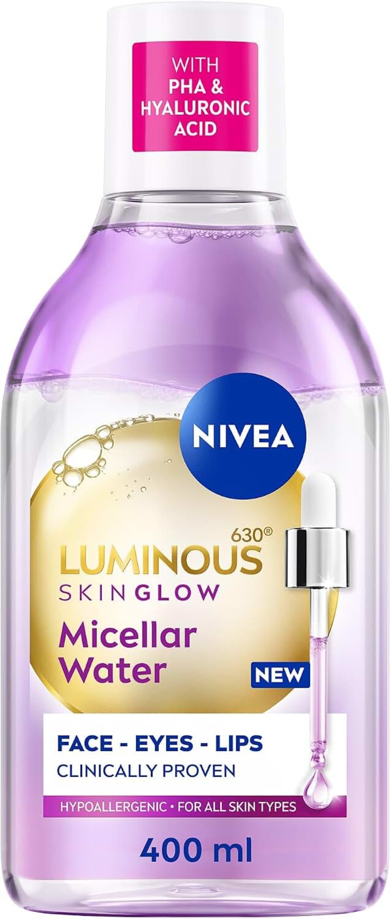 NIVEA LUMINOUS630 Skin Glow Micellar Water, 400ml, Effective Make-up Remover, Glow Cleanser with 5% Serum, PHA & Hyaluronic Acid