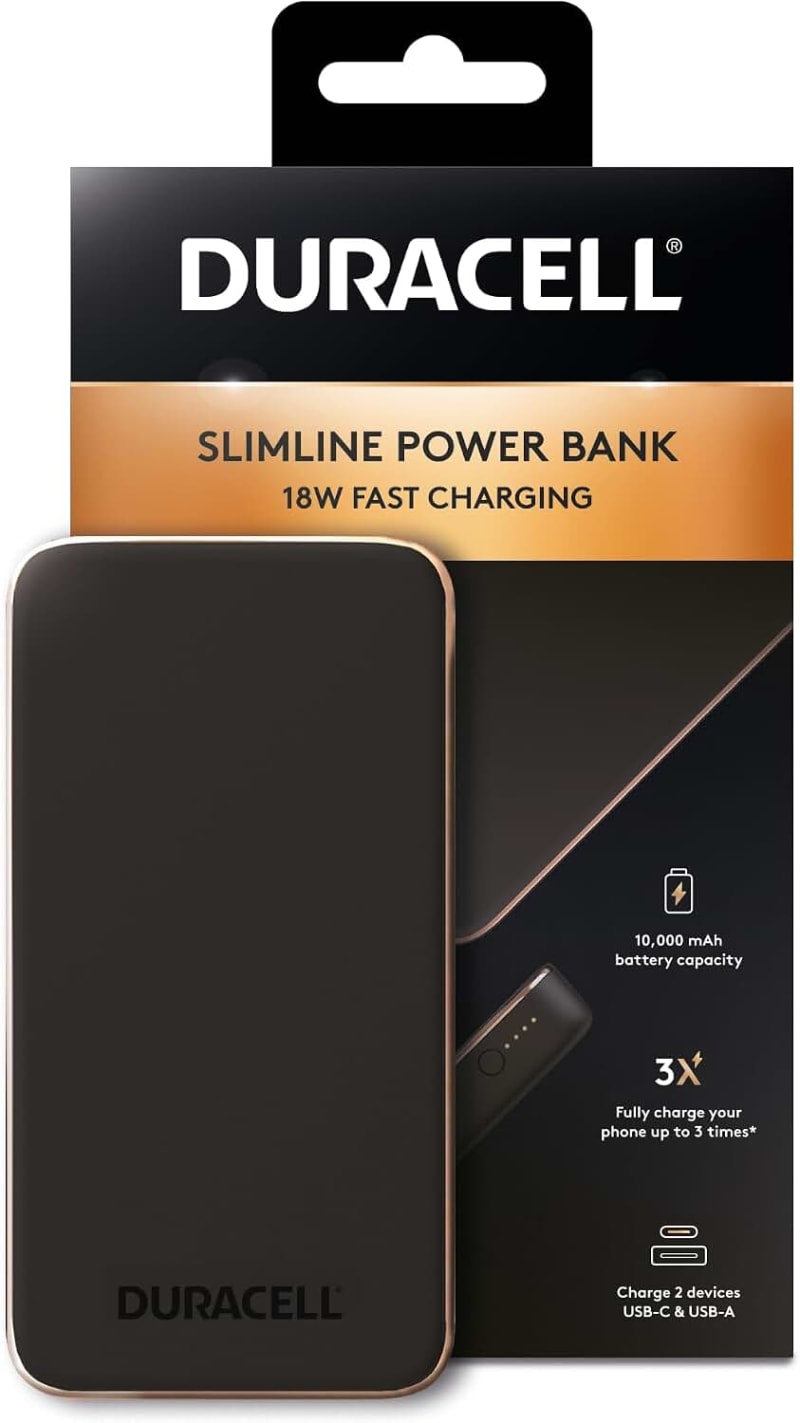 Duracell Power Bank 10000MAH | PD 18W Fast Charge Dual Port Portable Charger | Black & Gold