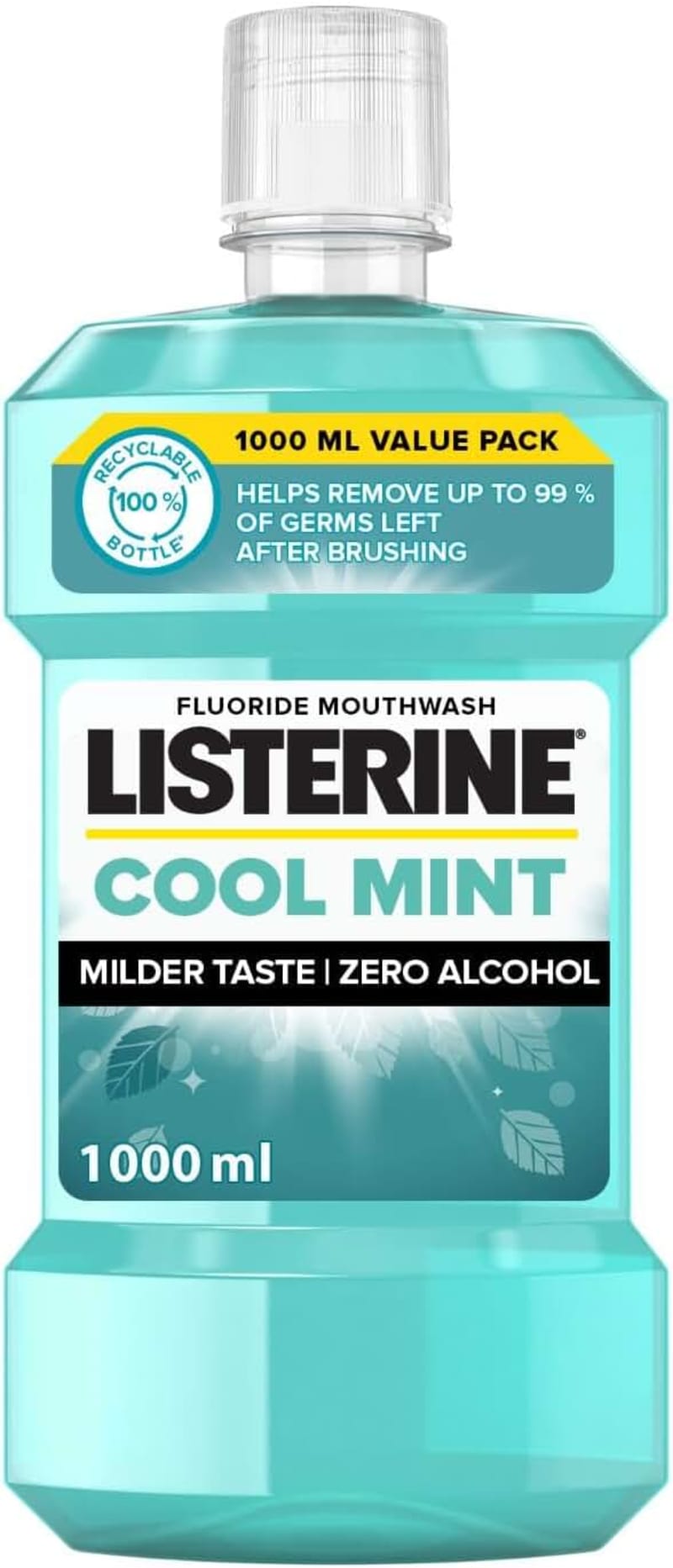 Listerine Cool Mint Daily Mouthwash 1L Antibacterial Oral Rinse for Fresh Breath, Kills 99.9% Germs, Helps Prevent Plaque & Gum Problems, Alcohol-Based Formula for Deep Clean Oral Care