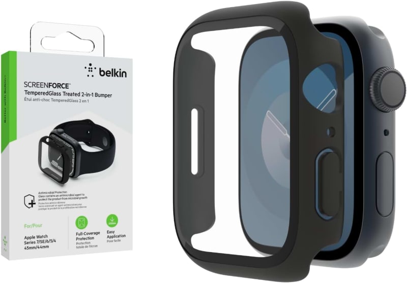 TemperedCurve Apple Watch Series 8 Screen Protector with Edge-to-Edge Coverage & Protective Bumper - Tempered Glass Screen Protector, Apple Watch Accessories - Black