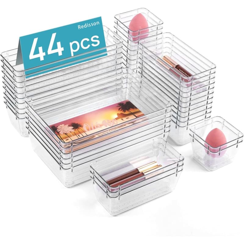 Redisson Clear Plastic Drawer Organizers Set 4-Size Versatile Storage - 44 Piece