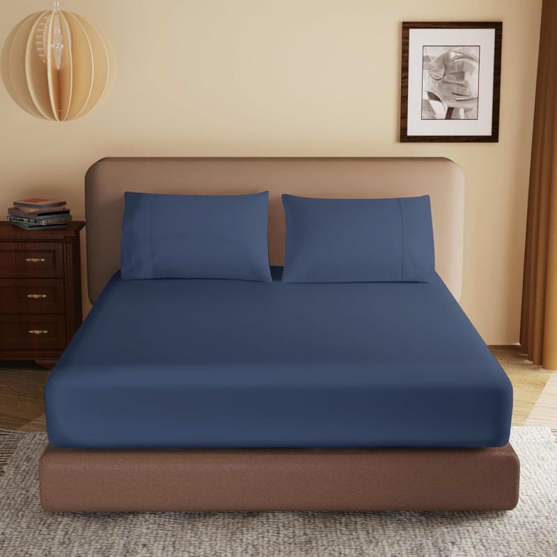 Microfiber Fitted Sheet and 2 Pillowcases Set (Navy Blue, Double)