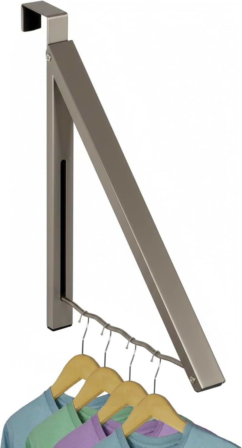 HOLDN’ STORAGE Over The Door Hanger - Single Foldable Rack Organizer for Hanging Clothes, Coats & Towels, Ideal for Dorm Rooms, Laundry, Bathrooms, Etc - Holds up to 20 LBs, Collapsible - Satin Nickel