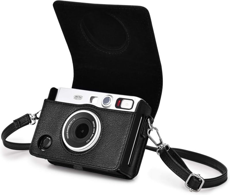Vintage PU Leather Protective Case for Fujifilm Instax Mini EVO Instant Camera with Adjustable Shoulder Strap, Battery Charging Port, Black