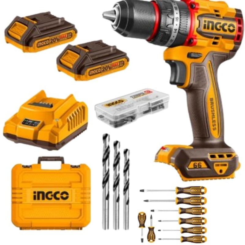 Ingco - Cordless Drill with 2 x 2.0Ah Batteries, Charger and Screwdriver Set