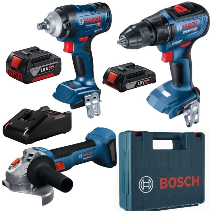 Bosch - Cordless Impact Wrench, Drill and Grinder with Batteries & Charger