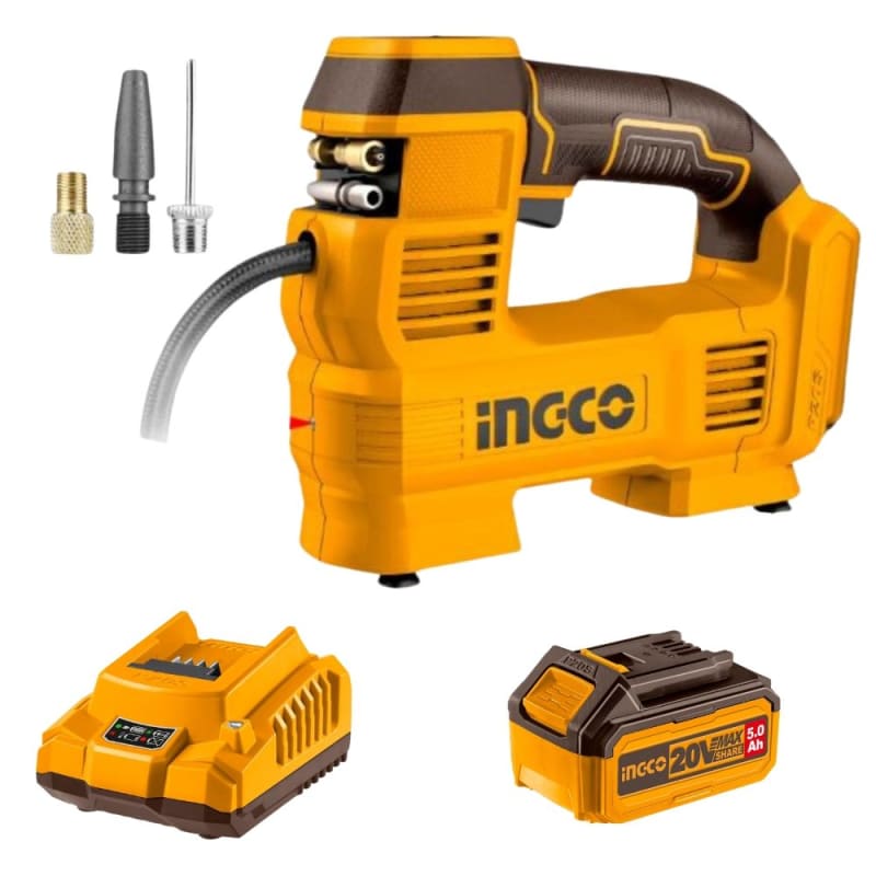 Ingco - Li-ion Cordless Auto Compressor 20V with 5Ah Battery and charger