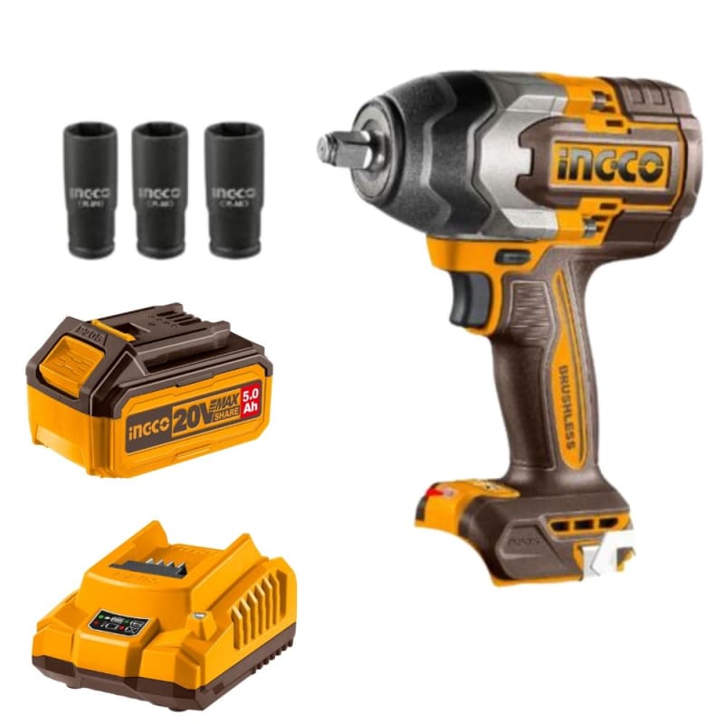 Ingco - Li-Ion Impact Wrench (20V) - 850Nm with 5Ah Battery & Charger