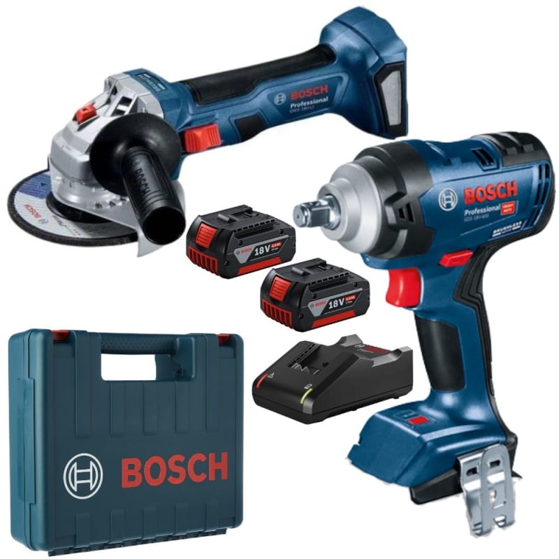 Bosch - Cordless Impact Wrench, Angle Grinder with 2x4A Batteries & Charger