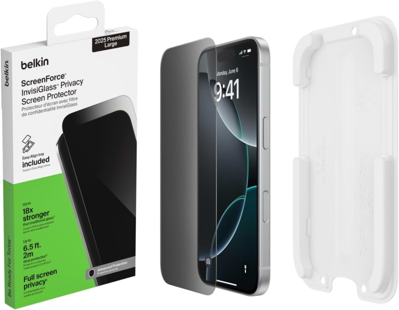 Belkin ScreenForce InvisiGlass iPhone 17 Pro Max Privacy Screen Protector, Scratch-Resistant Impact Protection, Easy Align Tray for Bubble Free Application Included, 9H Hardness Tested Recycled Glass