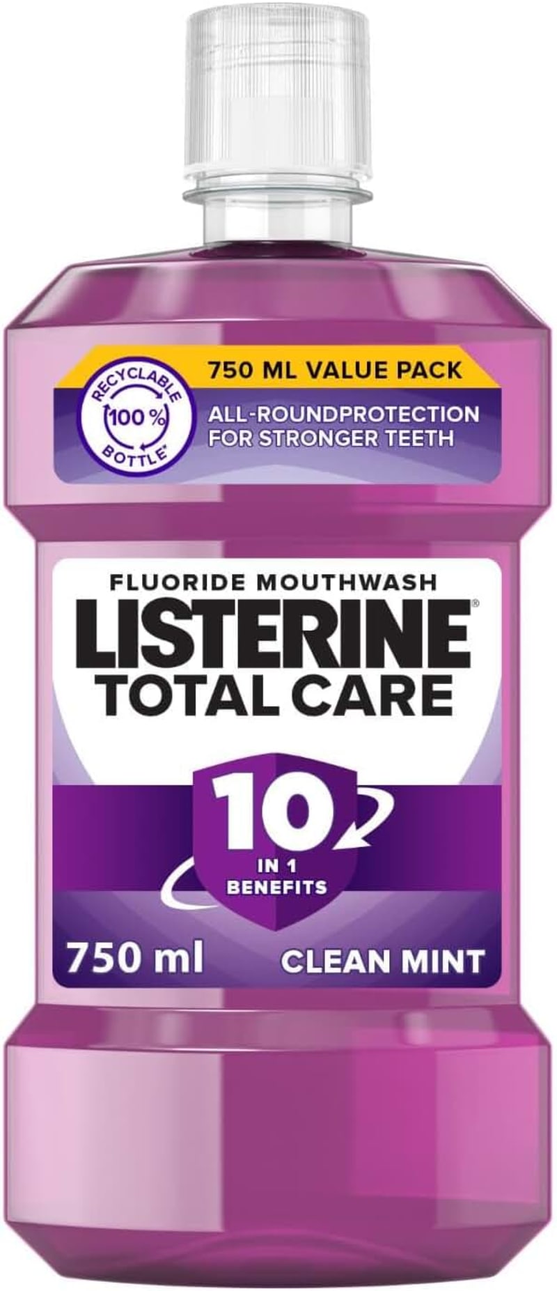 Listerine, Total Care, Teeth Protect, 6 Benefit Fluoride Daily Mouthwash, Milder Taste, Smooth Mint, helps prevent cavities, restores enamel, keeps gums healthy, 750ml