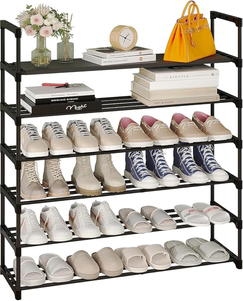 6-Tier Metal Shoe Rack, Adjustable, 90.4 x 28 x 122.5 cm | Adjustable 6-tier metal rack stores up to 30 pairs in a compact 90.4 x 28 x 122.5 cm frame for closets and entryways