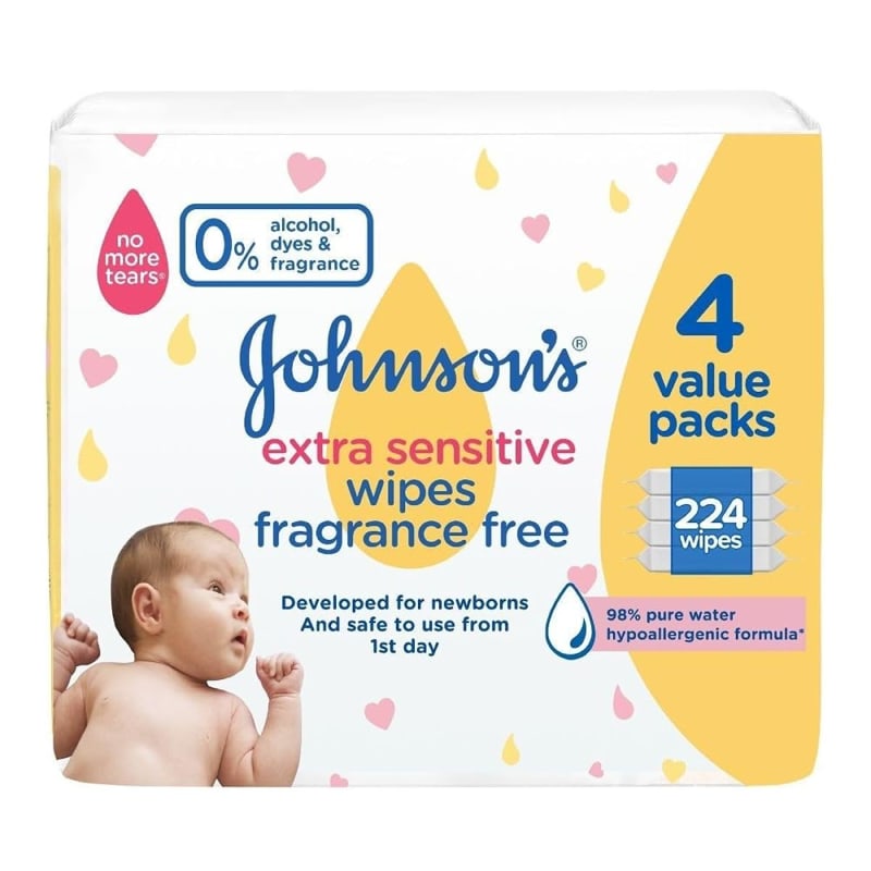 Johnson's Baby Extra Sensitive Wipes, Fragrance Free, pH-Balanced, Dermatologically Tested, Suitable For Newborn And Delicate Skin, No More Tears Formula, 224 pcs
