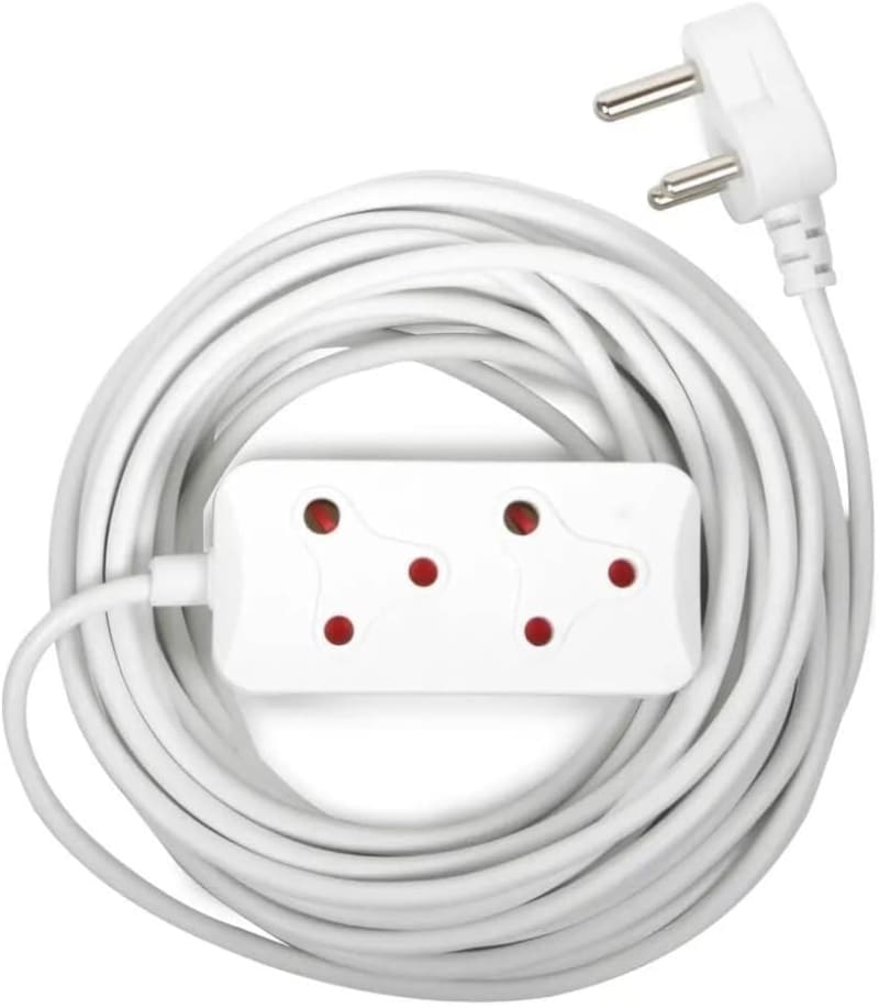 5M Extension Cord with 2 Sockets, White, Long Cable for Home and Office Use