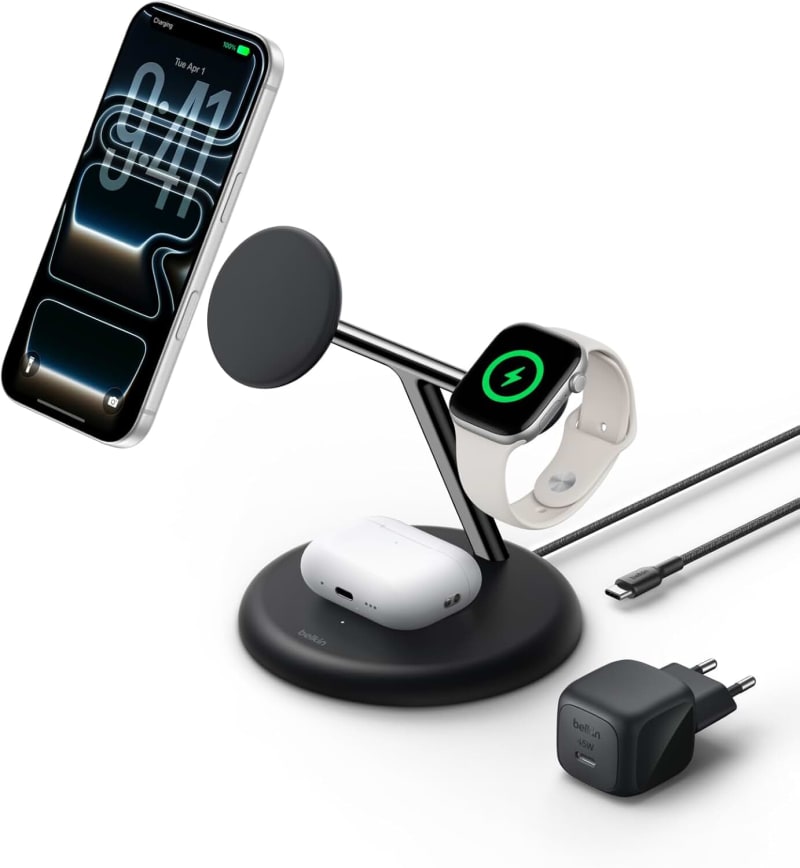 Belkin UltraCharge 3 in 1 Wireless Charging Station with Qi2, 25W - Black