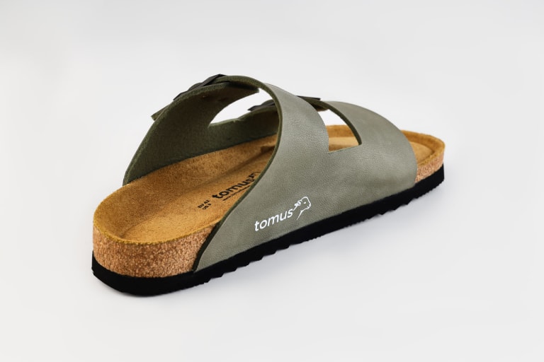 Olive Tomus sandal with exposed natural cork footbed and black outsole