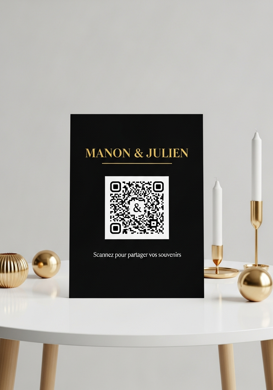 Affiche QR Code Mariage Minimaliste Noir & Or