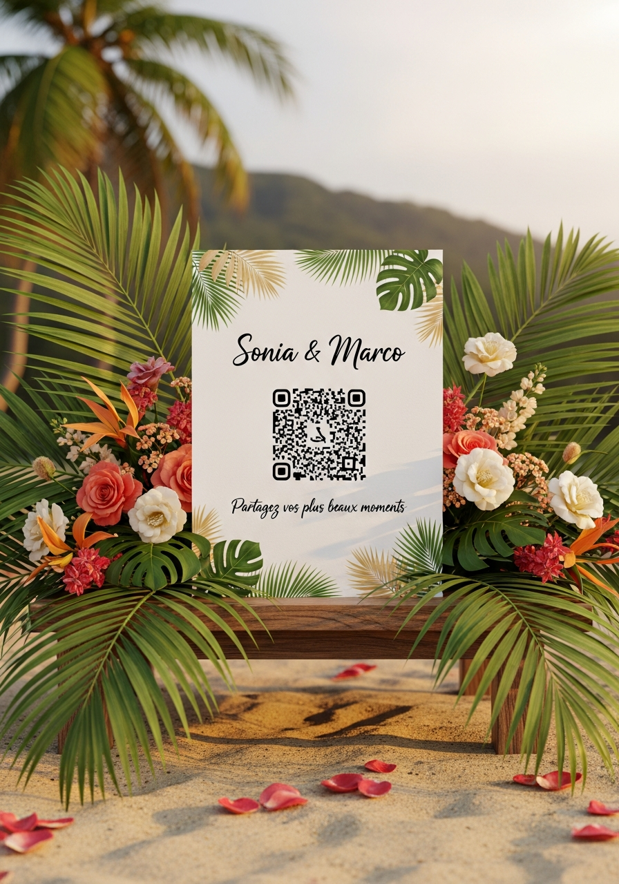 Affiche QR Code Mariage Tropical Palmier