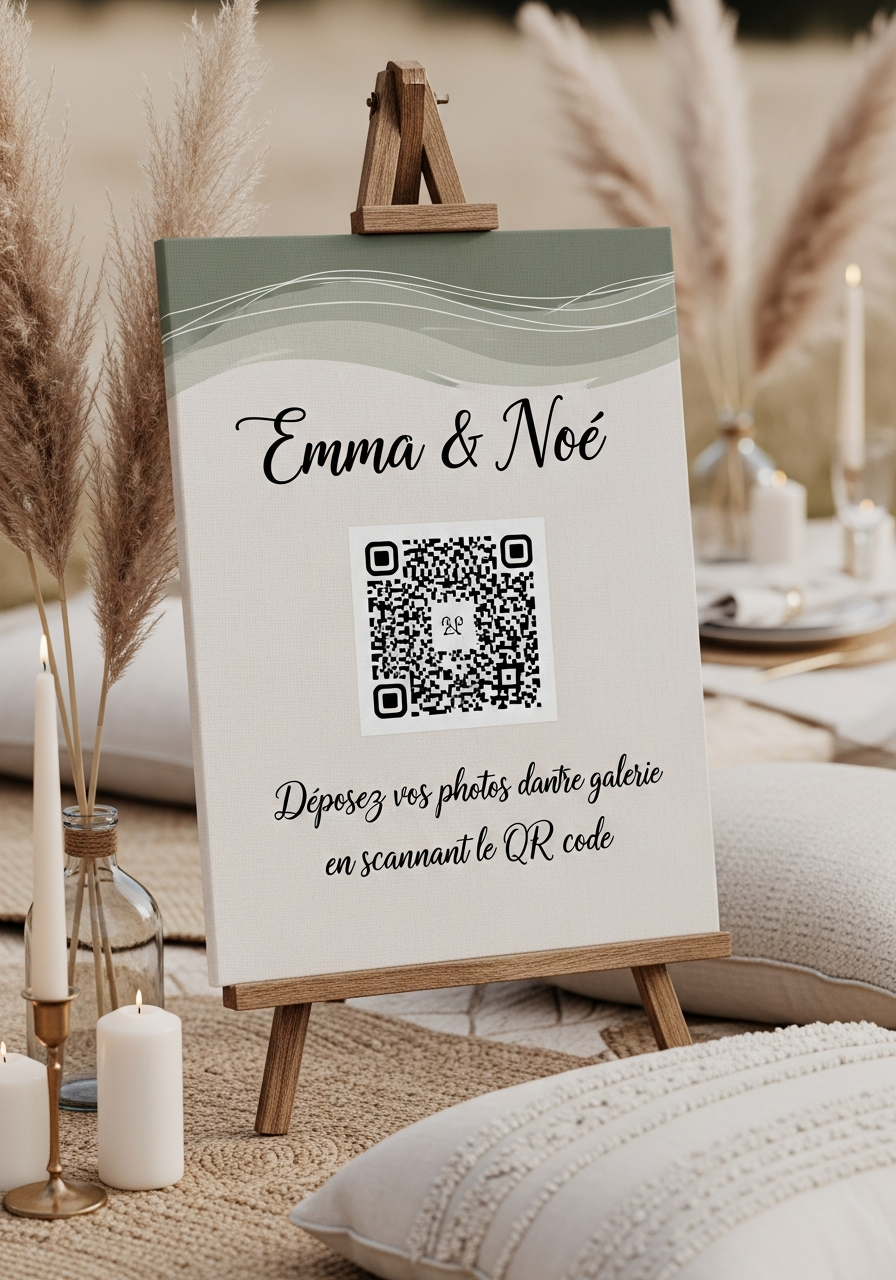 Affiche QR Code Mariage Bohème Lin Naturel