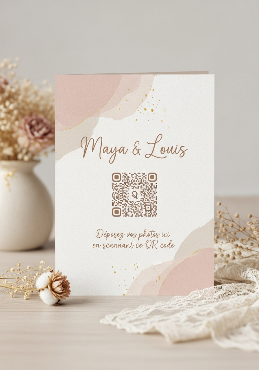 Affiche QR Code Mariage Bohème Rose Poudré