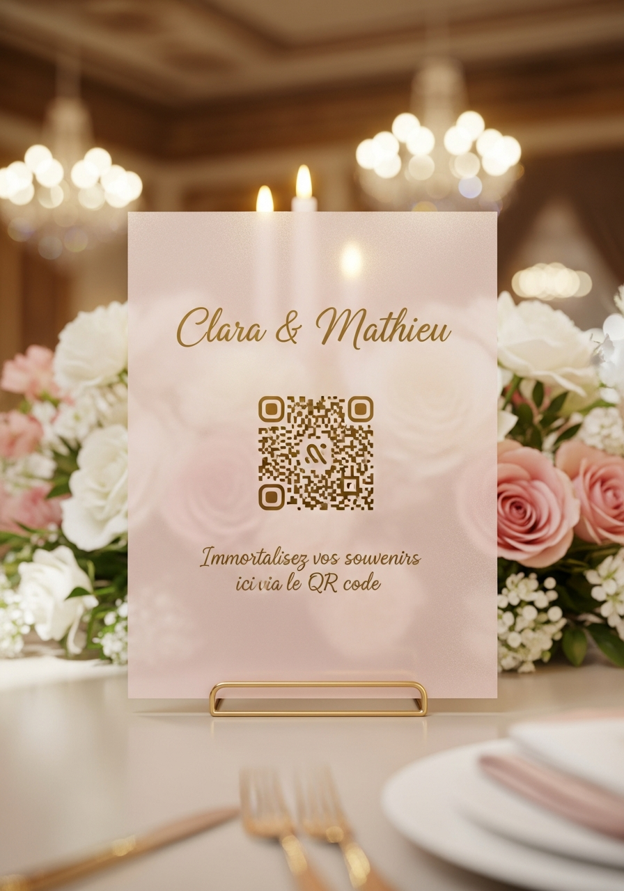 Affiche QR Code Mariage Élégant Cristal Rose