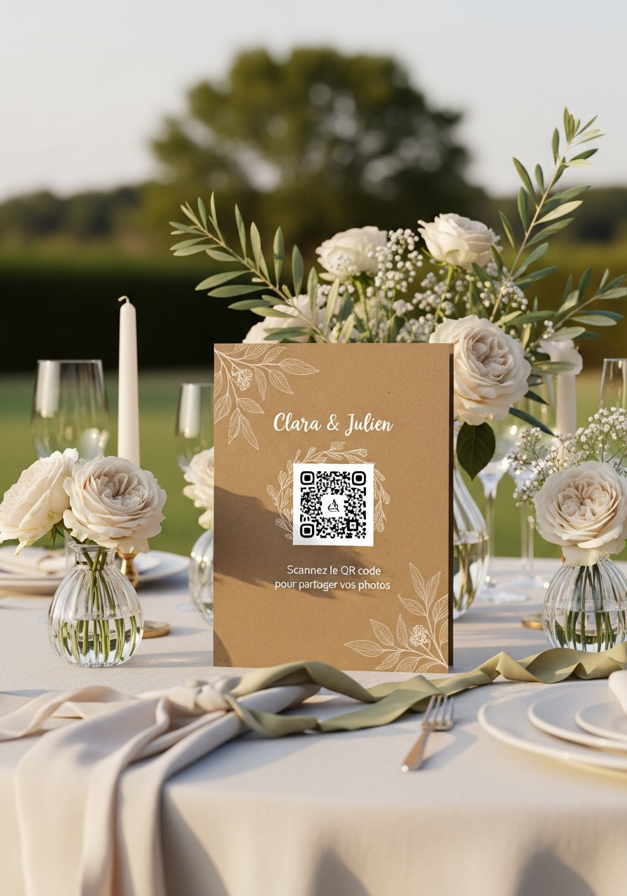 Affiche QR Code Mariage Rustique Naturel Lin