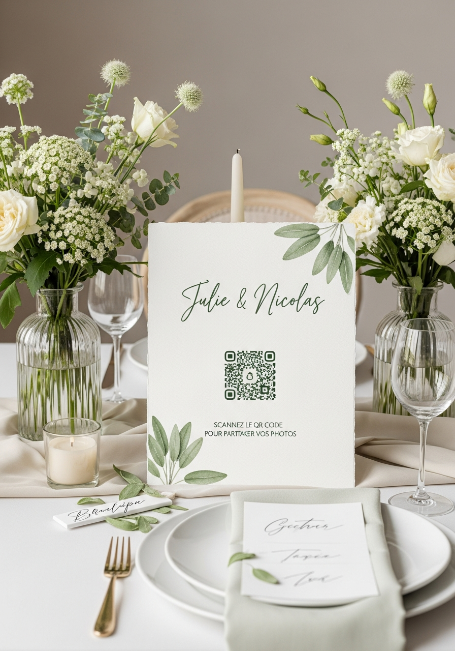Affiche QR Code Mariage Botanique Vert Sauge