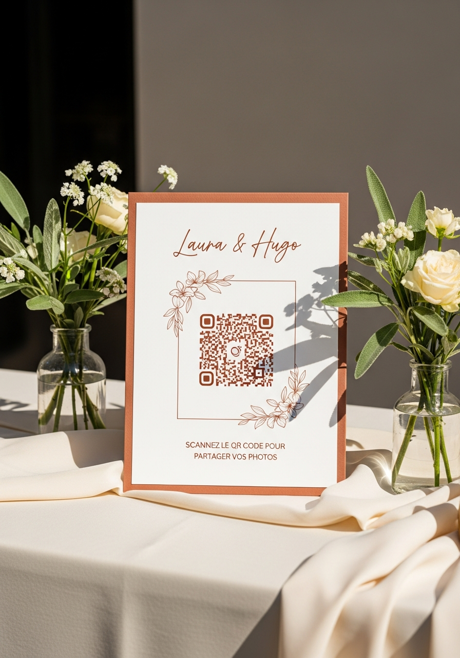 Affiche QR Code Mariage Terracotta Épuré