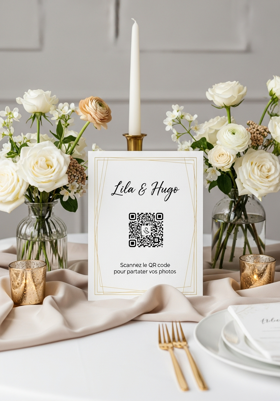 Affiche QR Code Mariage Élégance Minimaliste Doré
