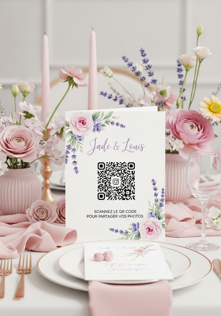 Affiche QR Code Mariage Romantique Pastel