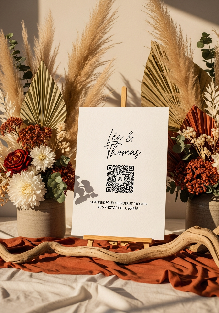 Affiche QR Code Mariage Bohème Chic Ivoire