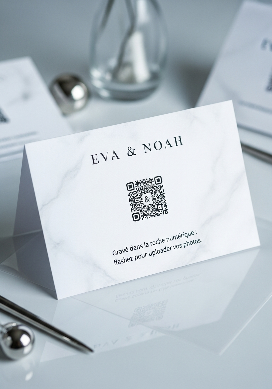 Carte de Visite QR Code Mariage Marbre Minimal