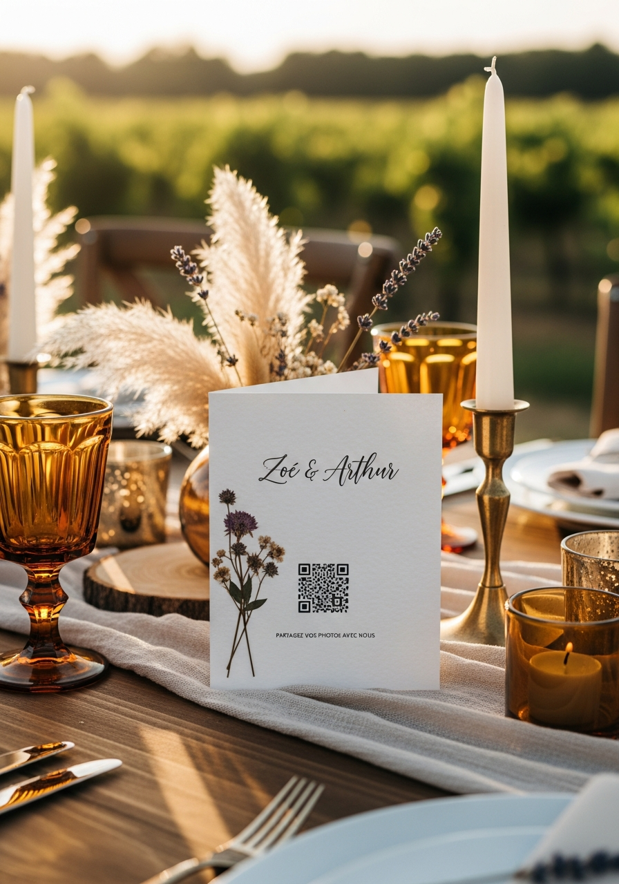 Affiche QR Code Mariage Bohème Fleurs Pressées | Zoé & Arthur | Invinee