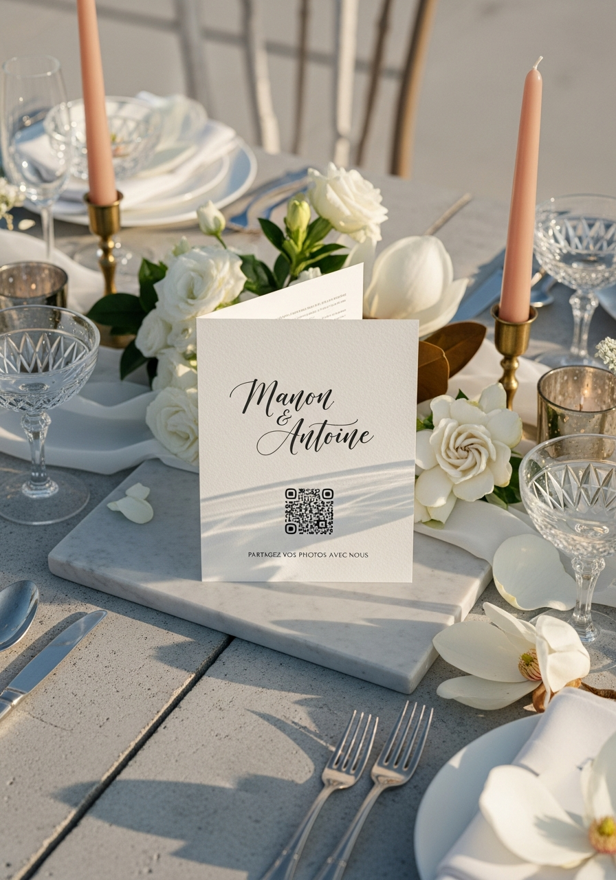 Affiche QR Code Mariage Chic Marbre | Manon & Antoine | Invinee